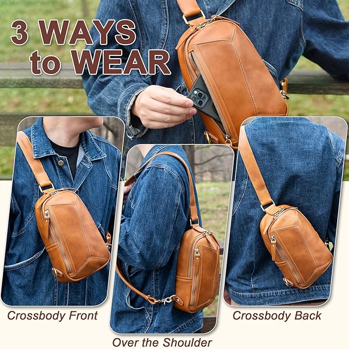 Genuine Leather Sling Bag for Men and Women Crossbody Shoulder Bag Sling Backpack Chest Purse Carry on Daypack