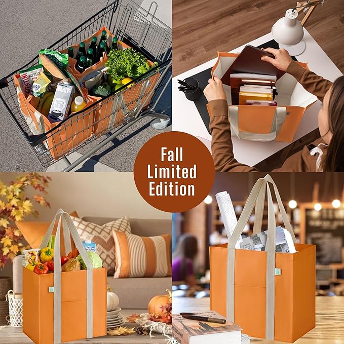 VENO 4 Pack Reusable Grocery Shopping Bags, Heavy-Duty Fall Tote Autumn Market Bags with Handles, for Shopping Cart with Hard Bottom, Foldable (Autumn Orange, 4 Pack)