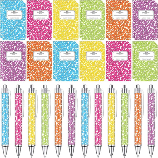 48 Pack Bulk Mini Composition Notebook with Rainbow Colors Ballpoint Pens Sets, 3.1x4.9 inch Hard Cover,16 Sheets Per Comp Book Marble Composition Notebook for School College & Office Supplies