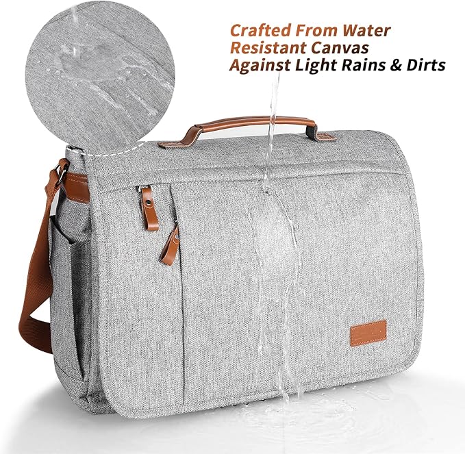 ESTARER Messenger Bag 17-17.3 Inch, Men's Computer Bag Water-resistant Canvas, Laptop Shoulder Bag for Travel Work College, Light Grey