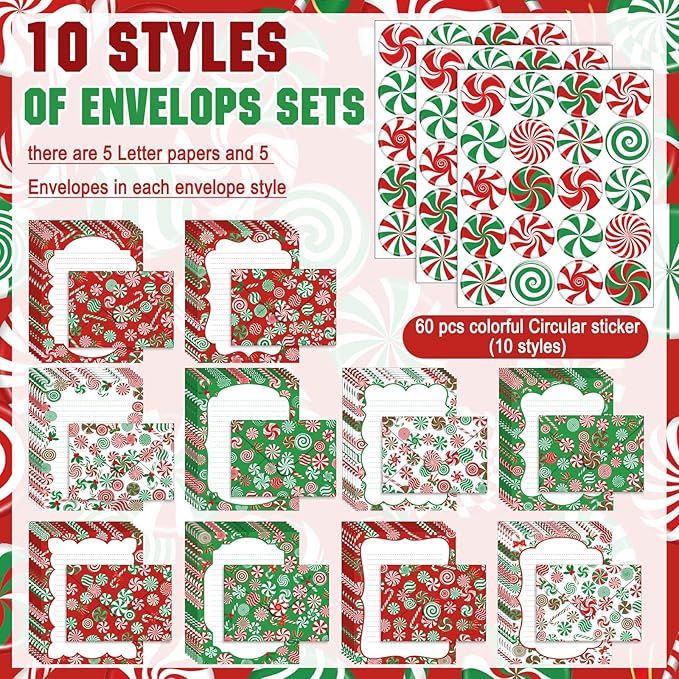 TaoBary 160 Pcs Stationery Paper Set 50 Double Sided Stationery Papers with 50 Matching Envelopes and 60 Round Dot Sticker, 10 Design(Christmas Candy,5.5 x 8.25 Inch)