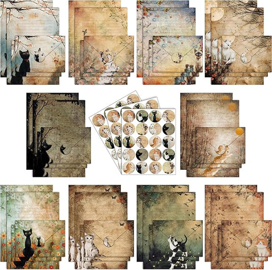 TaoBary 160 Pcs Stationery Paper Set 50 Double Sided Stationery Papers with 50 Matching Envelopes and 60 Round Dot Sticker, 10 Design(Cat,5.5 x 8.25 Inch)