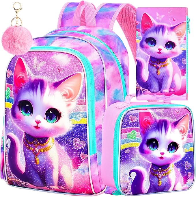 3Pcs Cat Backpack for School, 16" Girls Bookbag with Lunch Box, Kids Backpacks Set for Elementary Preschool Kindergarten(Pink)