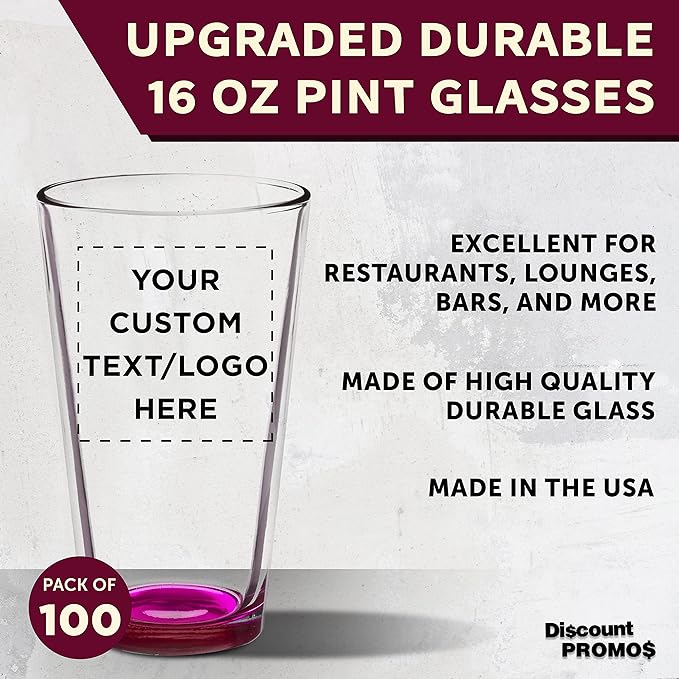 Custom Arc Pint Glass 16 oz. Set of 100, Personalized Bulk Pack - Beer Glasses, Heavy Duty Drinkware - Pink