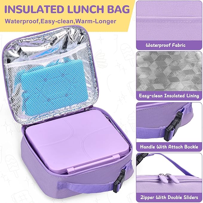 MAXSO Bento Lunch Box Set with 8 oz Soup Thermo, Kids Leakproof 4 Compartments Hot Food Container with Sauce Cup, Ice Pack and Lunch Bag, Child Insulated Food Jar for School - Purple
