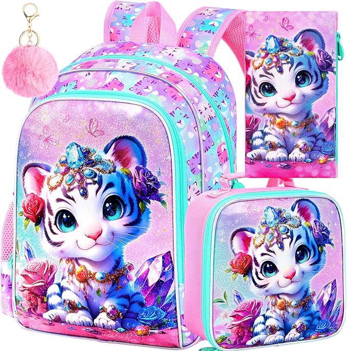 16" Girls Backpack, 16" Kids Bookbag with Lunch Box，Tiger School Backpacks for Elementary Preschool Kindergarten (Pink)