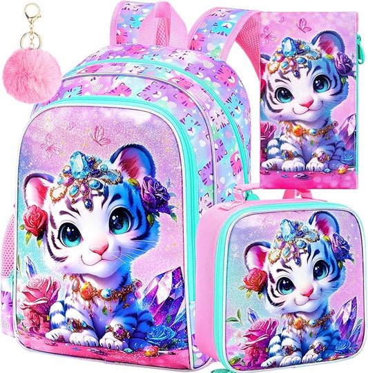 16" Girls Backpack, 16" Kids Bookbag with Lunch Box，Tiger School Backpacks for Elementary Preschool Kindergarten (Pink)
