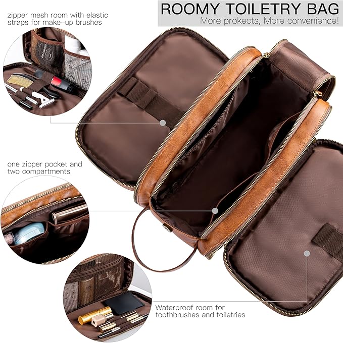 Elviros Toiletry Bag for Men, Large Travel Shaving Dopp Kit Water-resistant Bathroom Toiletries Organizer PU Leather Cosmetic Bags Fathers Day Gift (Medium, Brown)