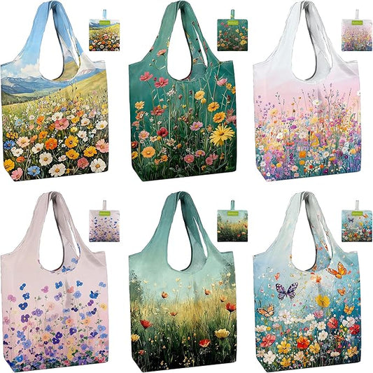 BeeGreen Flower Reusable Grocery Bags 6 Pack, Heavy Duty Totes for Women, Foldable Grocery Bag Large Shopping Totes with Handles for Work, Travel, Gift, Store, Polyester Washable Reusable Tote Bag