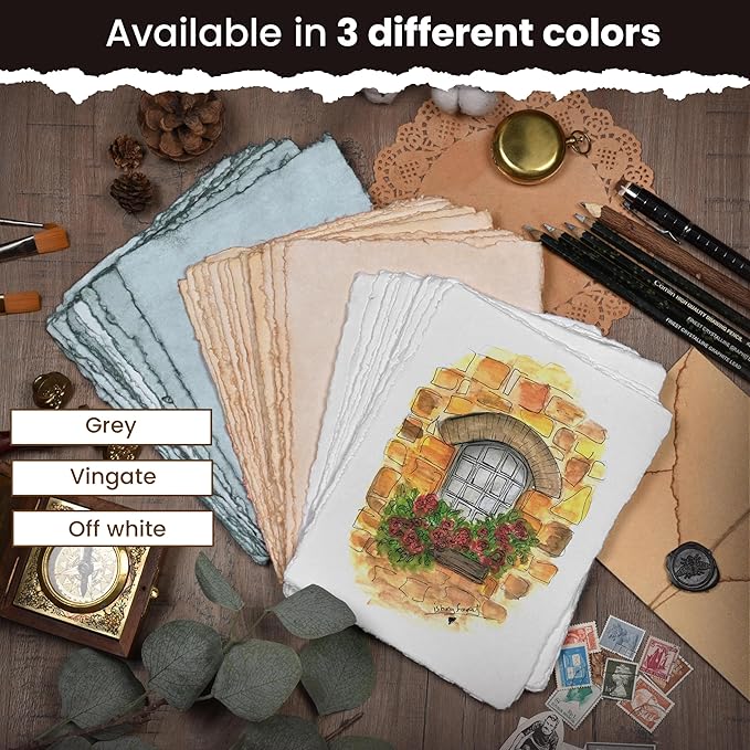 LEATHER VILLAGE Watercolor Paper - 9.5 X 12 inches, 50 Sheets - Mixed Media Watercolor Paper - 150 GSM Thick Deckle Edge Virgin Cotton Handmade Paper - Vintage Toned