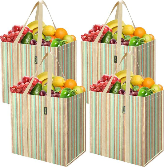 BALEINE 4 PK Grocery Bags Reusable Shopping Bags with Reinforced Bottom, Heavy Duty Foldable Tote Bags (Color Strip)