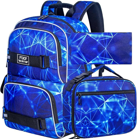 Laptop Backpack, 17 Inch School Bag College Bookbag with Lunch Bag Set, Water Resistant Aurora Backpacks for Teens Boys Man Students (Blue)