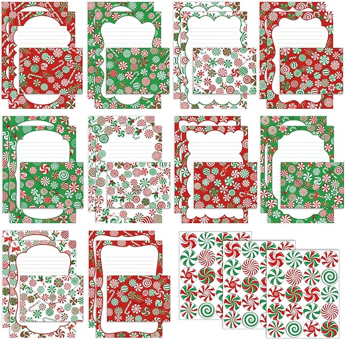 TaoBary 160 Pcs Stationery Paper Set 50 Double Sided Stationery Papers with 50 Matching Envelopes and 60 Round Dot Sticker, 10 Design(Christmas Candy,5.5 x 8.25 Inch)