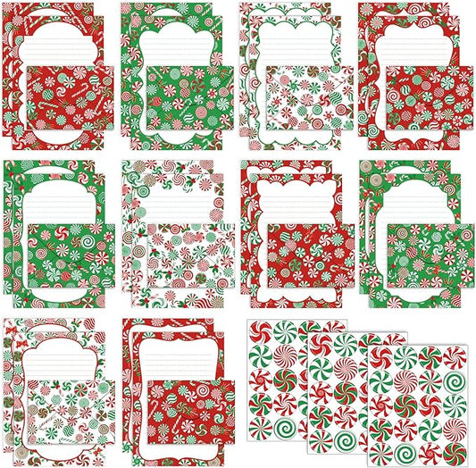 TaoBary 160 Pcs Stationery Paper Set 50 Double Sided Stationery Papers with 50 Matching Envelopes and 60 Round Dot Sticker, 10 Design(Christmas Candy,5.5 x 8.25 Inch)