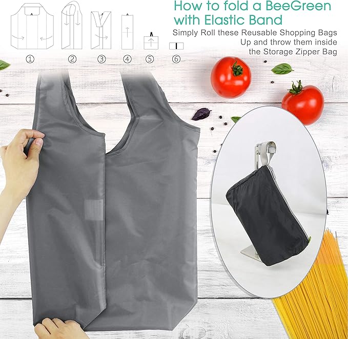BeeGreen Grey Reusable Shopping Bags for Groceries 10 Pack Reusable Grocery Bags Washable 50LBS folding with Zipper Carry Pouch Tote Gift Bags Durable Polyester