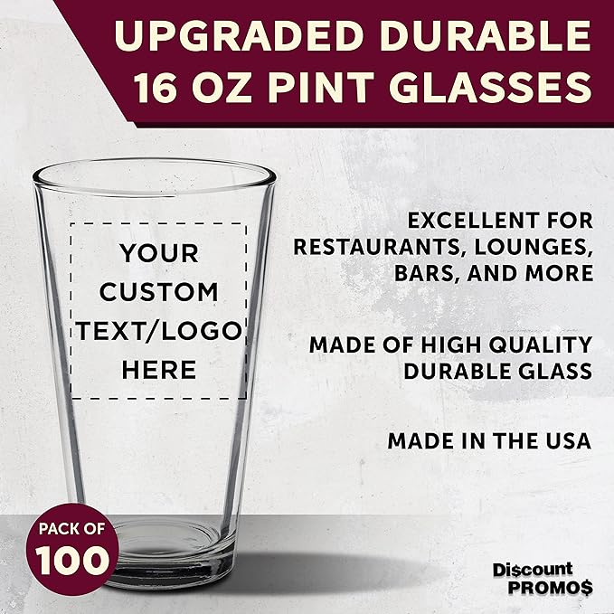 Custom Arc Pint Glass 16 oz. Set of 100, Personalized Bulk Pack - Beer Glasses, Heavy Duty Drinkware - Clear