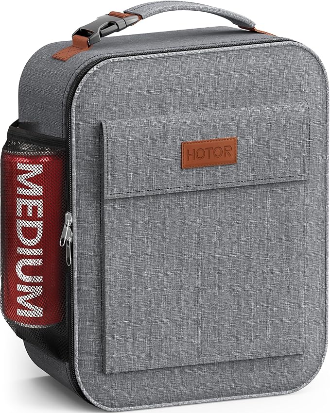 HOTOR Lunch Bag for Men & Women - Large Capacity Insulated Lunch Bag with Mutiple Pockets, Easy-Carrying, Wear-Resistant Cooler Lunch Box for Office, Picnic, Grey, 9.06" x 4.33" x 10.63"