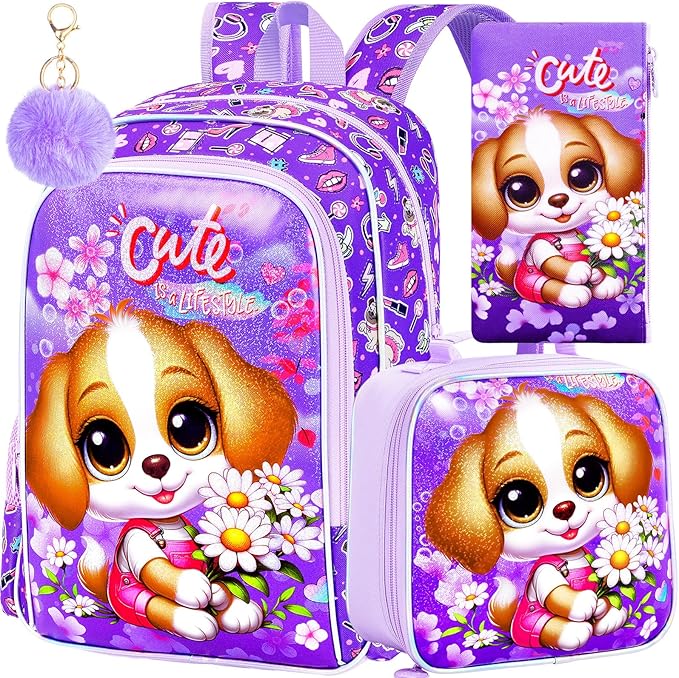 16" Girls Backpack, 3Pcs Dog School Bookbag with Lunch Box, Kids Backpacks for Elementary Preschool Kindergarten(Purple)