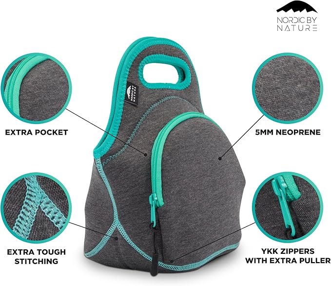 Nordic By Nature Neoprene Lunch Bag for Women & Lunch tote for Kids Insulated Lunch bag Reusable Washable Thick Durable Neoprene & Soft Cotton Feel, Outside Pocket, (M) Dark Gray/Lagoon