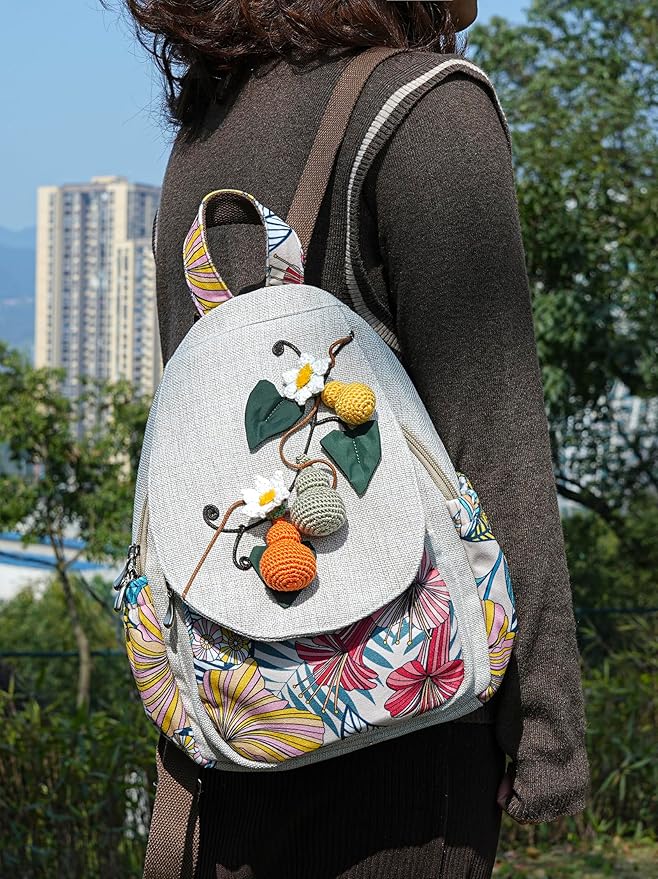 HUANGGUOSHU Women Cotton Woven Bohemian Hemp Boho Canvas Embroidery Multi Pocket Retro Cute Backpack Wallet Backpack（Avocado）