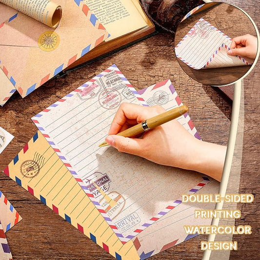 TaoBary 160 Pcs Stationery Paper Set 50 Double Sided Stationery Papers with 50 Matching Envelopes and 60 Round Dot Sticker, 10 Design(Vintage Airmail,5.5 x 8.25 Inch)