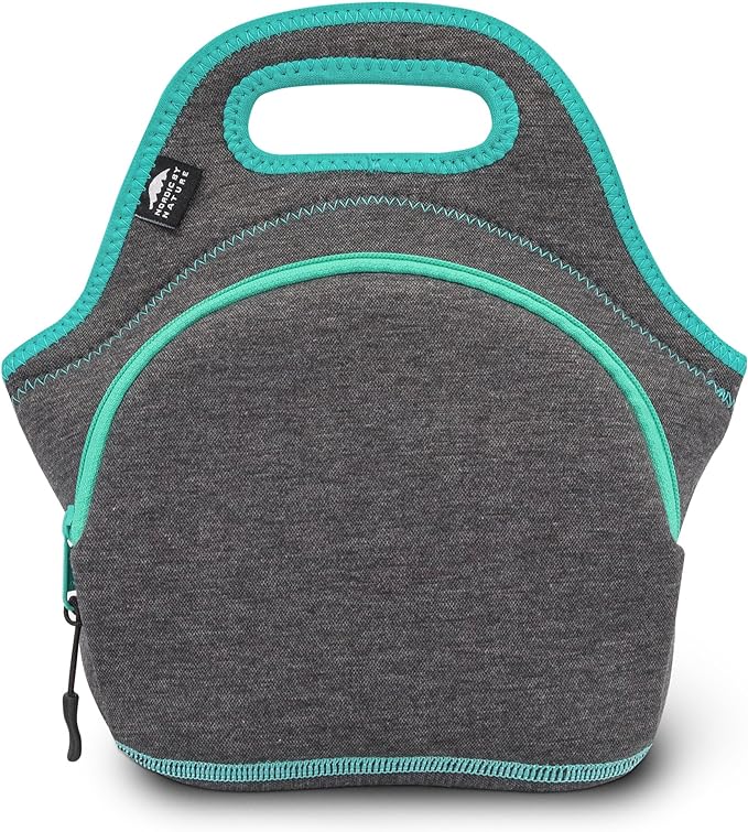Nordic By Nature Neoprene Lunch Bag for Women & Lunch tote for Kids Insulated Lunch bag Reusable Washable Thick Durable Neoprene & Soft Cotton Feel, Outside Pocket, (M) Dark Gray/Lagoon