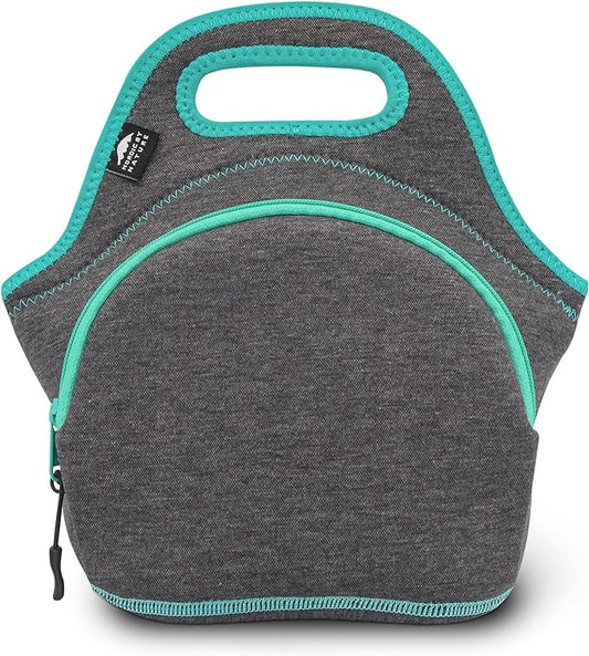 Nordic By Nature Neoprene Lunch Bag for Women & Lunch tote for Kids Insulated Lunch bag Reusable Washable Thick Durable Neoprene & Soft Cotton Feel, Outside Pocket, (M) Dark Gray/Lagoon