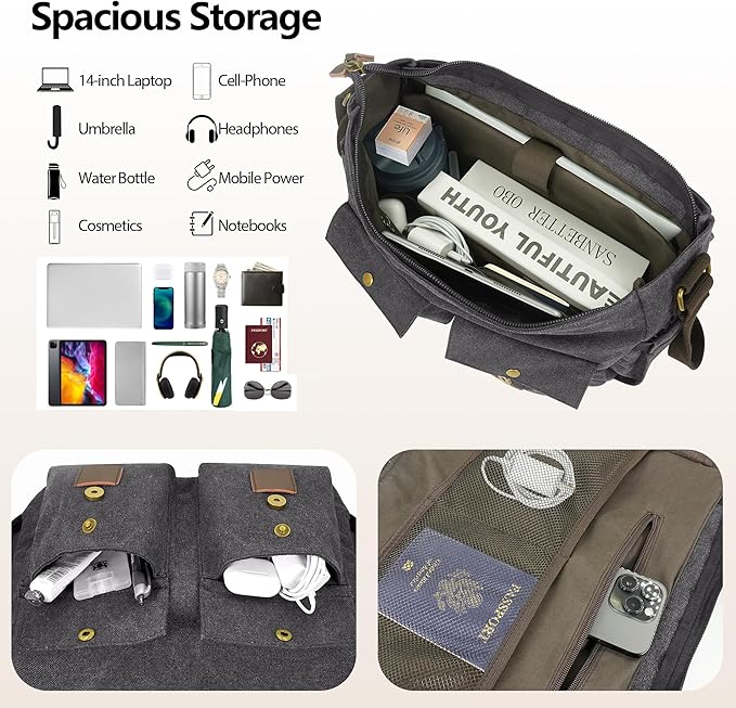 Messenger Bag for Men,13-14-15.6 Inch Laptop Bag, Vintage Heavyweight Canvas Satchel Bag, Leather Briefcase for School Work Travel (Grey)