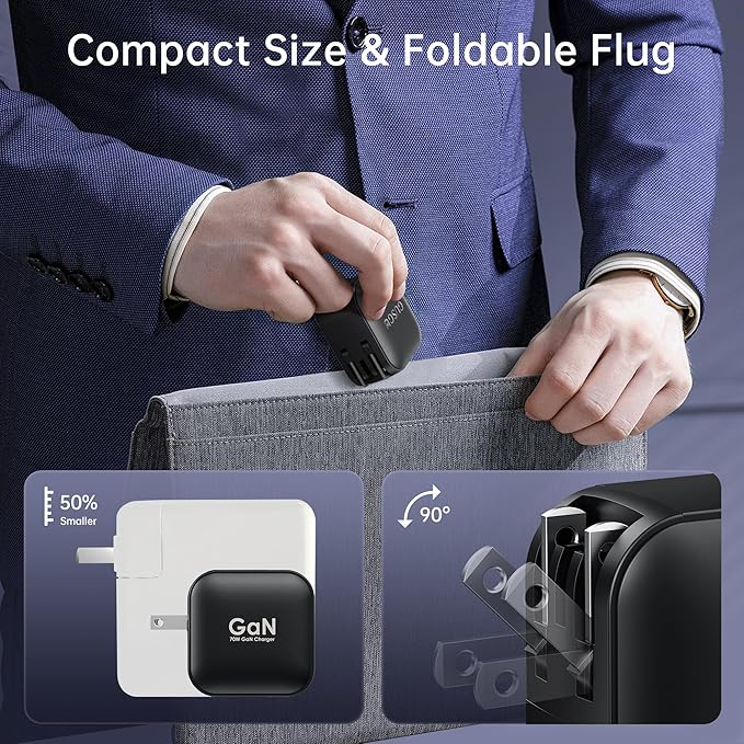 GUSGU A70 70W USB-C Charger, 3-Port Fast Wall Charger Block with Foldable Plug for MacBook Pro/Air, Dell XPS, Acer Aspire, Lenovo, iPad, iPhone 16/15, Galaxy S24/S23, Pixel 8, Steam Deck and More