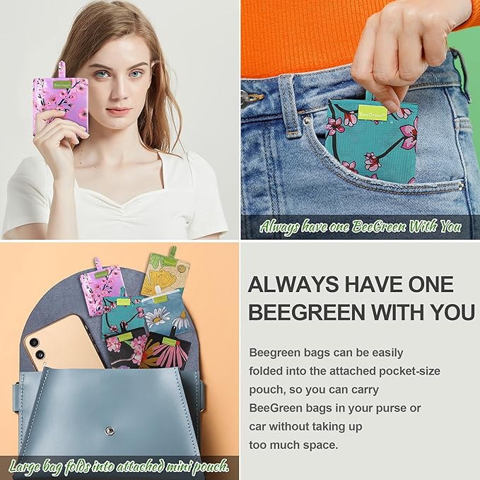 BeeGreen Reusable Grocery Bags Foldable Reusable Gift Bags Shopping Bag With Handles Polyester Grocery Tote Bulk Travel Tote Bag For Women Cloth Shopping Basket Washable Holiday Travel