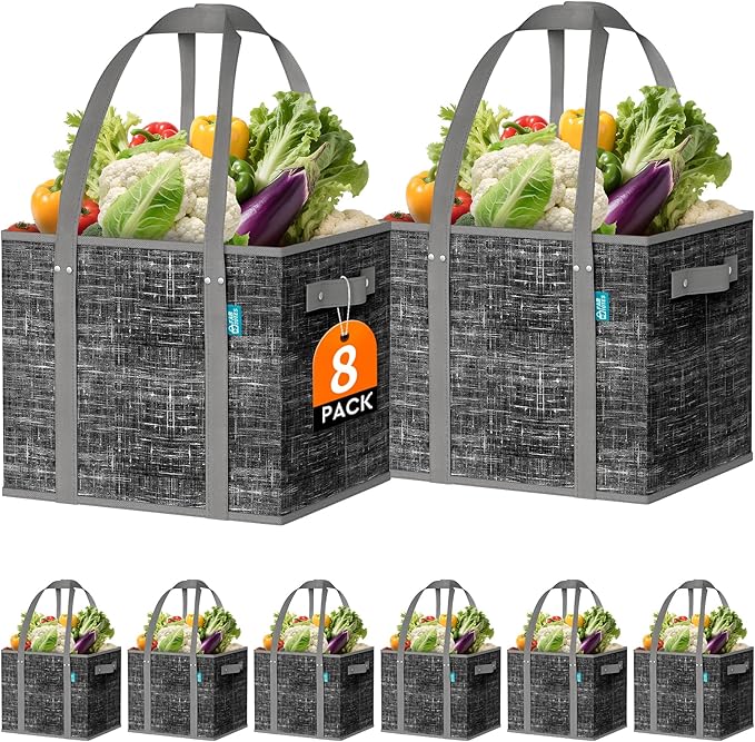 Fab totes Reusable Grocery Bags, Large Foldable Shopping Tote Bags with Reinforced Handles & Hard Bottom,Water Resistant Grocery Bags for kitchen,Picnic,8 Pack, Black