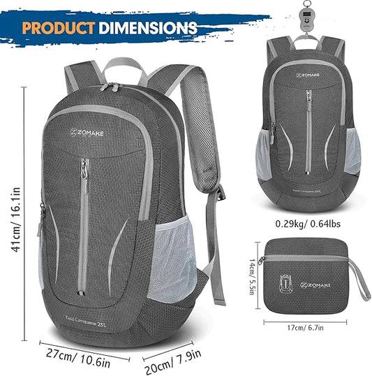 ZOMAKE Ultra Lightweight Packable Backpack 25L, Foldable Hiking Backpacks Water Resistant Small Folding Daypack for Travel(Dusty grey)
