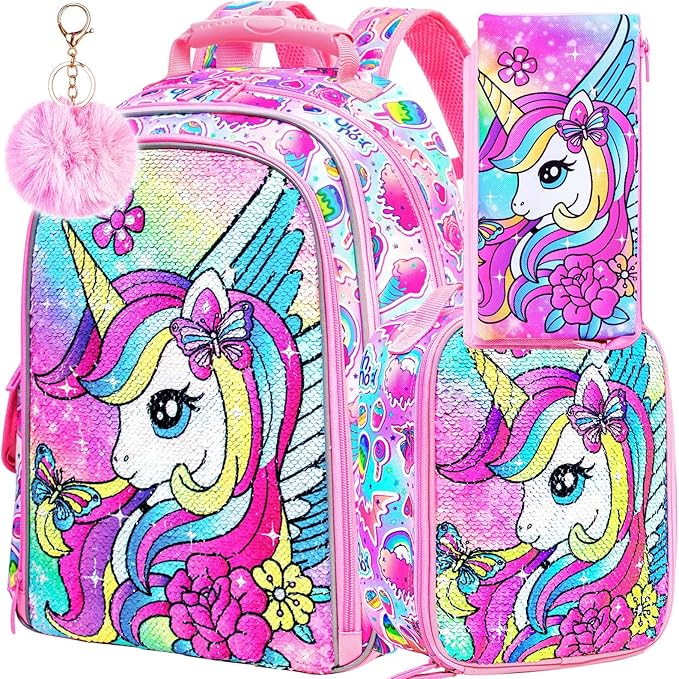 3PCS Unicorn Backpack for Girls, 16" Sequins Bookbag with Lunch Box，Kids School Bags for Elementary Preschool Kindergarten (Pink)