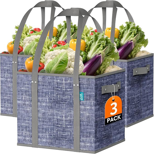 Fab totes Reusable Grocery Bags, Large Foldable Shopping Tote Bags with Reinforced Handles & Hard Bottom,Water Resistant Grocery Bags for kitchen,Picnic,3 Pack,Blue