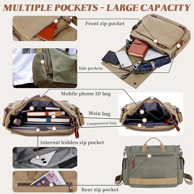 FSD.WG Satchel Messenger Bag for Men Canvas,Travel Shoulder bag 13.5" Laptop Bags
