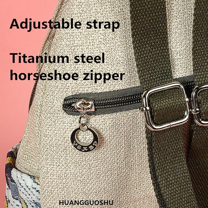 HUANGGUOSHU Women Cotton Woven Bohemian Hemp Boho Canvas Embroidery Multi Pocket Retro Cute Backpack Wallet Backpack Abstract Animal Motif