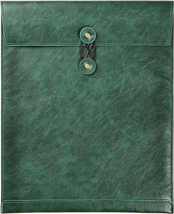 Green PU Leather File Folder for Documents,Important Document Folder with String Tie,Laptop Sleeve Notebook Case,Leather File Organizer, A4 Envelopes Filing Folder