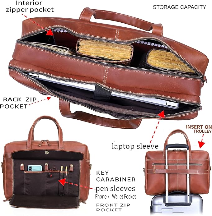 HLC 18 Inch Full Grain Leather Briefcase messenger shoulder bags for men and women
