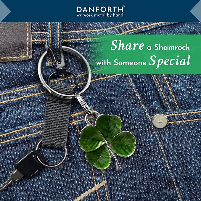 DANFORTH Four Leaf Clover Keychain (Green) | Pewter | Durable, Handcrafted Pewter Lucky Charm | St. Patricks Day Accessories | 1 ½” Tall x 1 ¼” Wide | Made in the USA