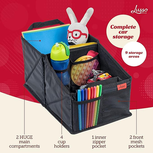 Lusso Gear Car Seat Organizer with Cup Holders for Front, Back, Passenger Seats, Truck and Van, 9 Auto Storage Compartments for Travel Organization of Trunk, Seats, Mobile Office (Gray)