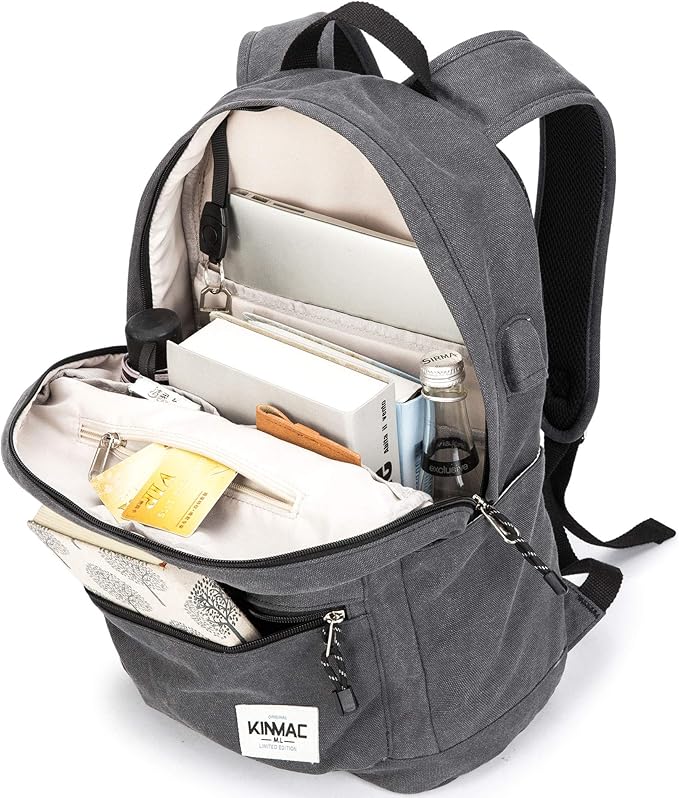 Kinmac Grey Canvas 15 inch Waterproof Laptop Travel Outdoor Backpack with USB Charging Port for 13 inch 14 inch and 15.6 inch Laptop