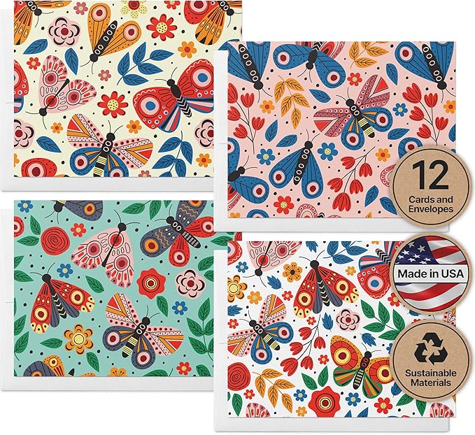 Twigs Paper - Assorted Cute Butterfly Greeting Cards - Stationery Cards with Envelopes - Thank You Card - Blank Note Cards - Greeting Cards for All Occasions - Made in USA (5.5 x 4.25, Set of 12)