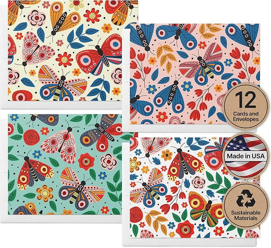 Twigs Paper - Assorted Cute Butterfly Greeting Cards - Stationery Cards with Envelopes - Thank You Card - Blank Note Cards - Greeting Cards for All Occasions - Made in USA (5.5 x 4.25, Set of 12)