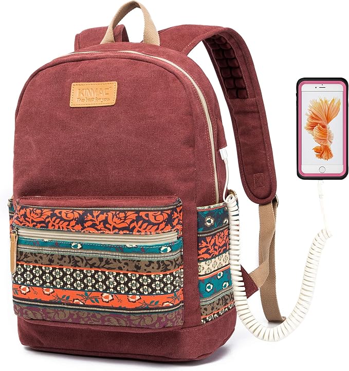 Kinmac Canvas Backpack with Massage Cushioned Straps,Travel Outdoor Backpack (Wine-Bohemian)