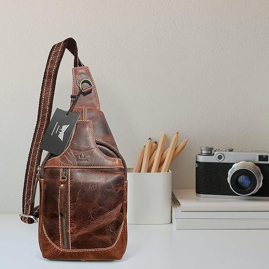Leather Cross-body Sling Bag Casual Daypack Backpack Chest Shoulder Multi-Purpose Timeless Design Small Men (Rustic Brown)