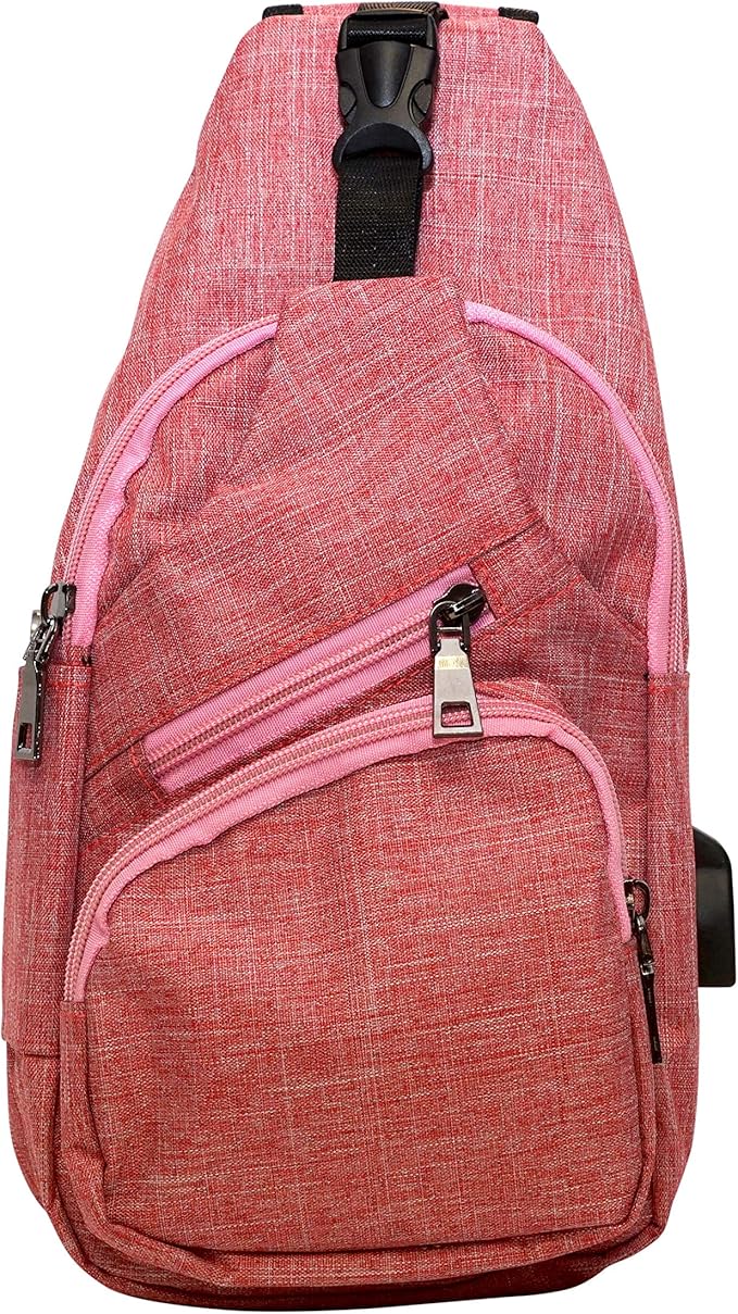 Anti-Theft Daypack Crossbody Sling Backpack, USB Charging Connector Port, Lightweight Day Pack for Travel, Hiking, Everyday, Regular, Rose