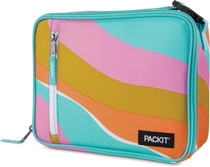 PackIt Freezable Classic Lunch Box, Retro Wave, Built with ECOFREEZE Technology, Fully Freezable, Collapsible, Reusable, With Zip Front Pocket and Buckle Handle, Designed for Fresh Lunch On the Go
