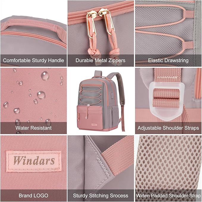 School Backpack for Teens Girls, Aesthetic College Backpack Large Bookbag for Women Students Fashion 15.6 Inch Laptop Bag for Work Travel (Pink & Grey)