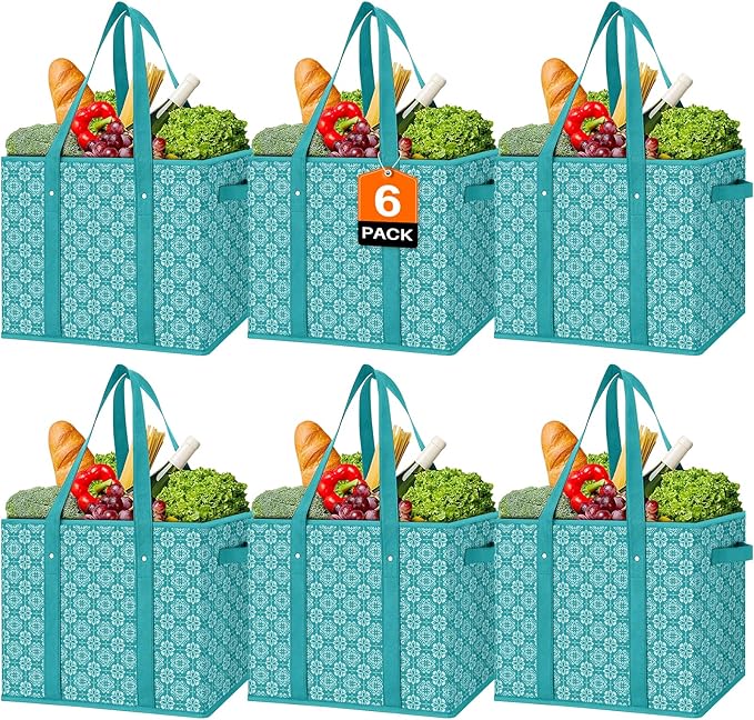 WISELIFE Reusable Grocery Bags [6 Pack],Large Grocery Tote Bag Water Resistant Shopping Bags Foldable Grocery Bag for Clothes,Shoes and Picnic,Green
