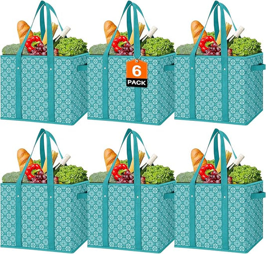 WISELIFE Reusable Grocery Bags [6 Pack],Large Grocery Tote Bag Water Resistant Shopping Bags Foldable Grocery Bag for Clothes,Shoes and Picnic,Green